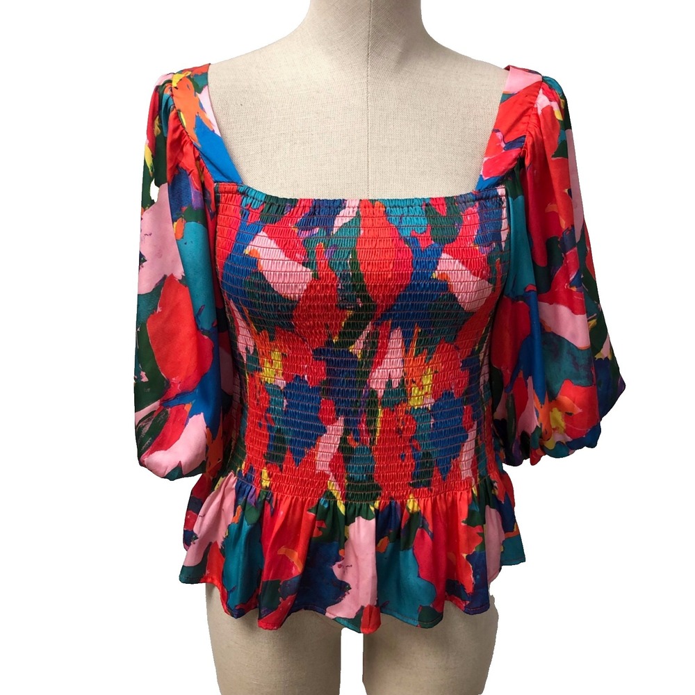 THML Smocked Blouse Top Womens Small Puff Short Sleeve Artsy Boho Teacher